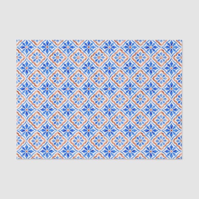 Blue Tile Mediterranean Amalfi Coastal Geometric Tissue Paper (Front)