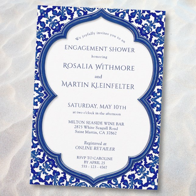 Blue Tile Mediterranean Engagement Shower Invitation (Creator Uploaded)