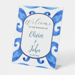 Blue tile Mediterranean wedding welcome sign