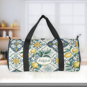 Blue Tile Monogram French Country Lemon Pattern Duffle Bag