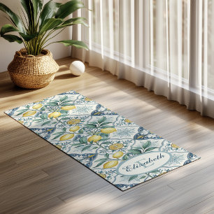 Blue Tile Monogram French Country Lemon Pattern Yoga Mat