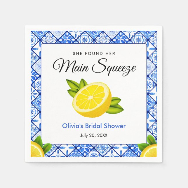 Blue Tile She Found Her Main Squeeze Bridal Shower Napkin (Front)