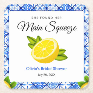 Blue Tile She Found Her Main Squeeze Bridal Shower Square Paper Coaster
