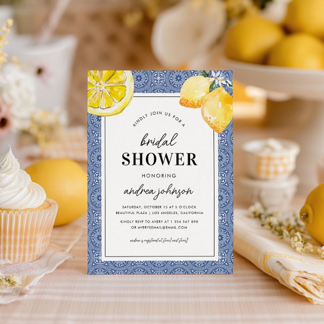 Blue Tile Watercolor Italian Lemons Bridal Shower Invitation (Creator Uploaded)