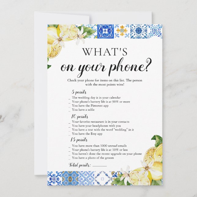 Blue Tile What's on your phone Bridal Shower Game Invitation (Front)