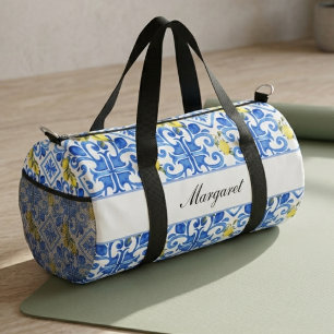 Blue Tile Yellow Lemon Watercolor Monogram Name Duffle Bag