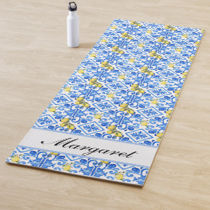 Blue Tile Yellow Lemon Watercolor Monogram Name Yoga Mat