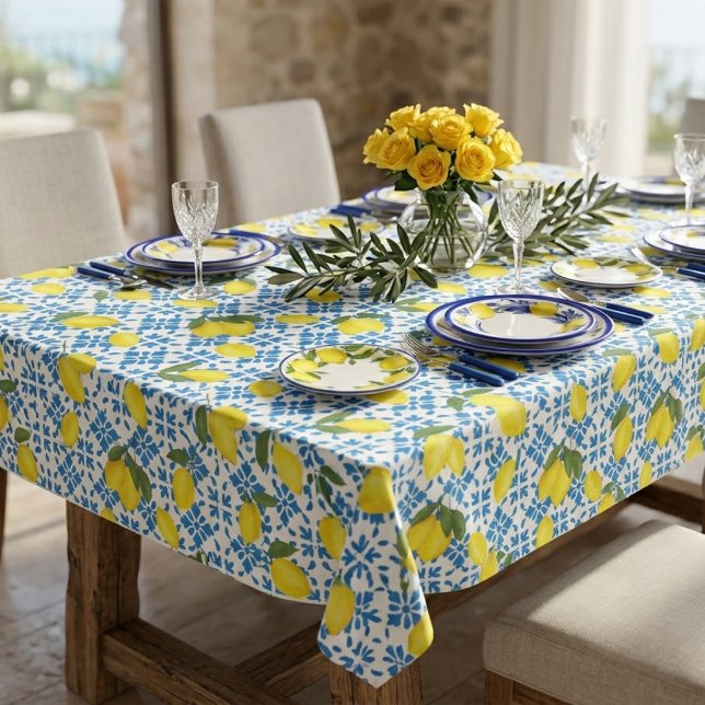 Blue Tile Yellow Lemon Watercolor Tablecloth (Creator Uploaded)