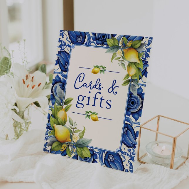 Blue Tile Yellow Lemons Cards and Gifts Pedestal Sign (Blue Tile Yellow Lemons Cards and Gifts Pedestal Sign)