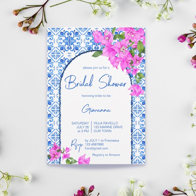 Blue Tiles and Bougainvillea elegant Mediterranean Invitation (Creator Uploaded)