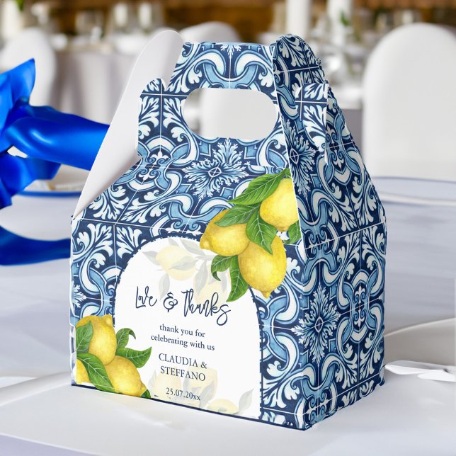 Blue tiles and lemon Amalfi  Italian wedding thank Favour Box (Blue tiles and lemon Amalfi Italian wedding thank Favor Box personalized wedding favor box)