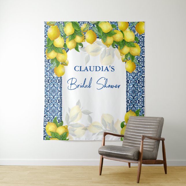 Blue tiles and lemon Amalfi party backdrop  Tapestry (In Situ)