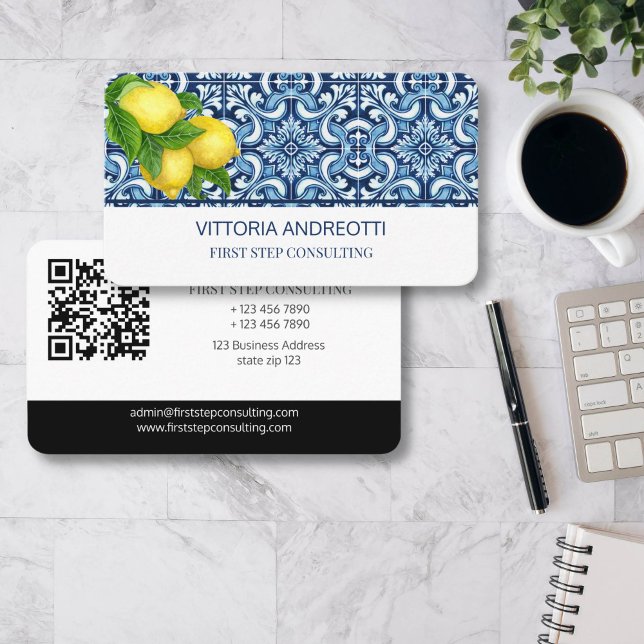 Blue tiles and lemons Italian Mediterranean themed Business Card (Blue tiles and lemons Italian Amalfi Positano Vietri Mediterranean blue themed qr business cards)