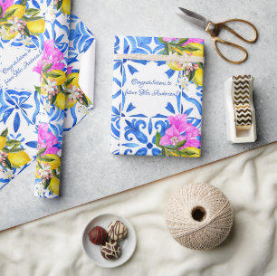 Blue Tiles Bougainvillea elegant personalised Wrapping Paper