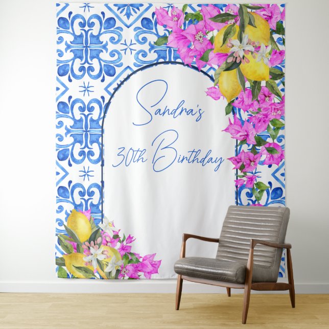 Blue Tiles Bougainvillea elegant photo background Tapestry (In Situ)