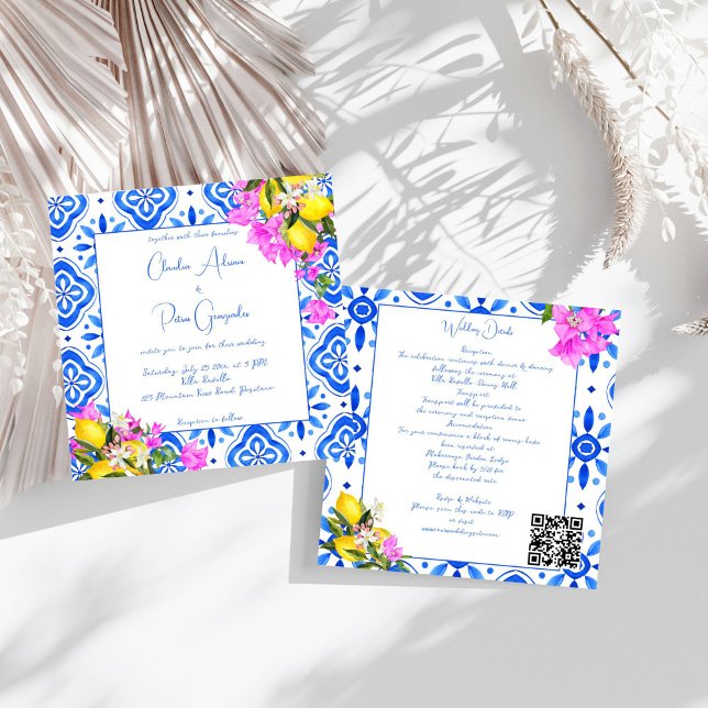 Blue Tiles Bougainvillea lemons elegant wedding  Invitation (Blue Tiles Bougainvillea lemons elegant wedding all in one Invitation template  instant download)