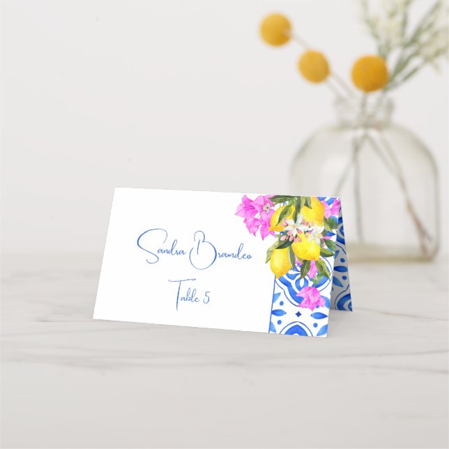 Blue Tiles Bougainvillea lemons elegant wedding  Place Card (Front)