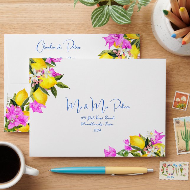 Blue Tiles Bougainvillea lemons wedding addressed Envelope (Desk)