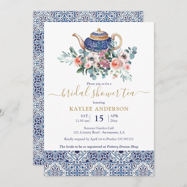  Blue tiles Bridal Shower tea invitation card (Front/Back)