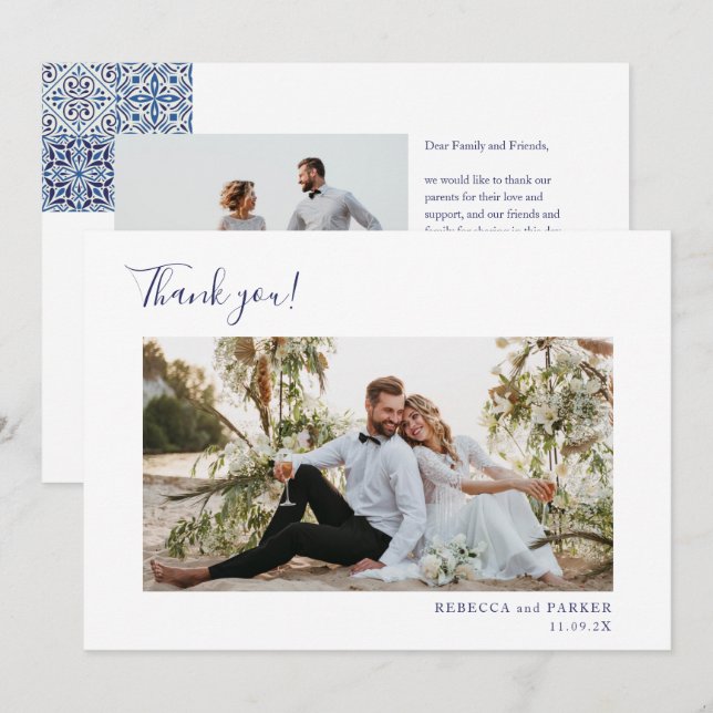 Blue Tiles elegant Wedding Thank you photo Card (Front/Back)