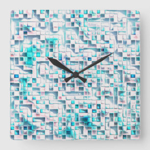 Blue tiles in textured rough style, mosaic square  square wall clock