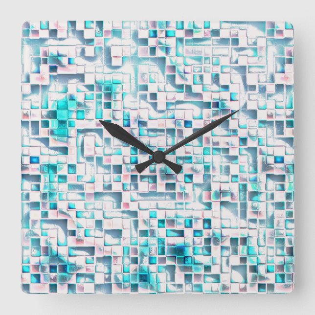 Blue tiles in textured rough style, mosaic square  wall clock (Front)