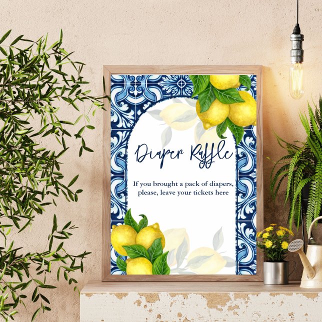 Blue tiles lemon Amalfi baby shower raffle sign (Blue tiles lemon Amalfi baby shower diaper raffle sign Mediterranean baby shower table sign)