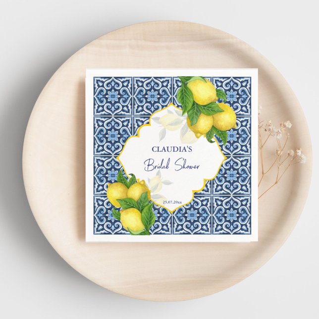 Blue tiles lemon Amalfi bridal shower party custom Napkin (Blue tiles lemon Amalfi bridal shower party custom Napkins personalized tableware)