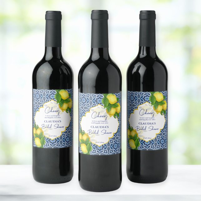 Blue tiles lemon Amalfi bridal shower party custom Wine Label (Creator Uploaded)