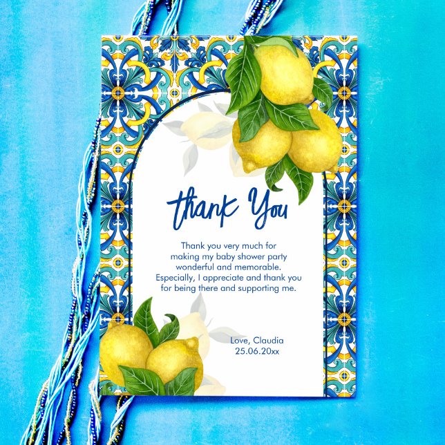 Blue tiles lemon Amalfi Positano baby shower   Thank You Card (Creator Uploaded)