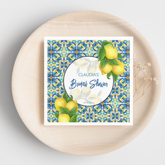 Blue tiles lemon Amalfi Positano bridal shower  Napkin (Blue tiles lemon Amalfi Positano bridal shower Napkins personalized tableware Mediterranean themed)