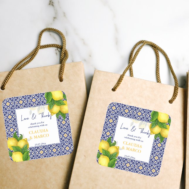 Blue tiles lemon Amalfi Positano thank you Square Sticker (Creator Uploaded)