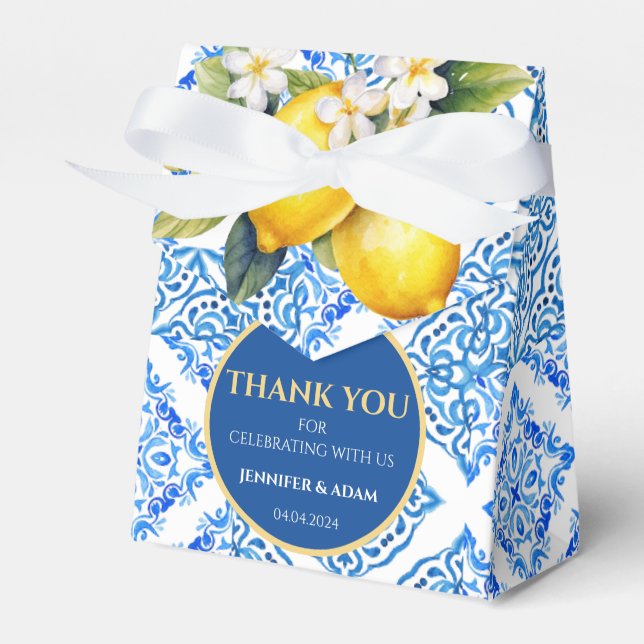 Blue Tiles Lemon Amalfi Wedding Thank You Bag Favour Box (Front Side)