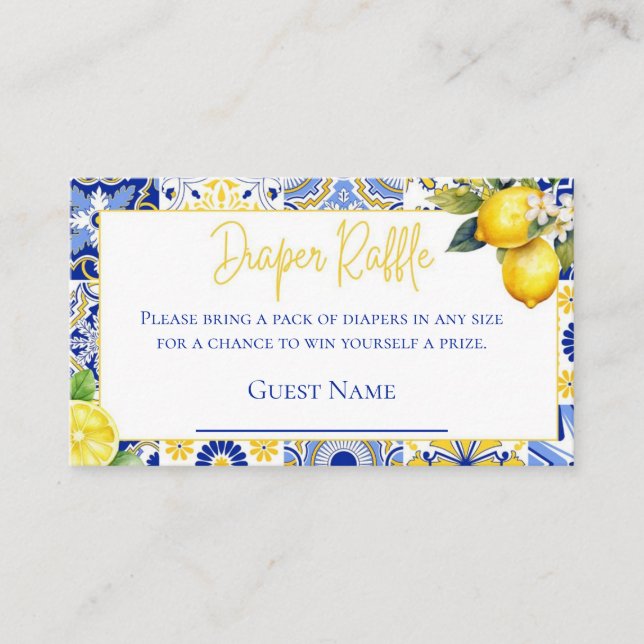 Blue Tiles Lemon Baby Shower Diaper Raffle Enclosure Card (Front)