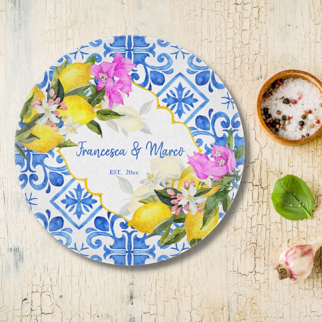Blue tiles lemon Bougainvillea custom wedding gift Cutting Board (Creator Uploaded)