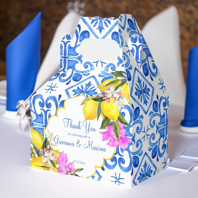Blue tiles lemon Bougainvillea custom wedding gift Favour Box (Blue tiles lemon Bougainvillea custom wedding gift Favor Box)