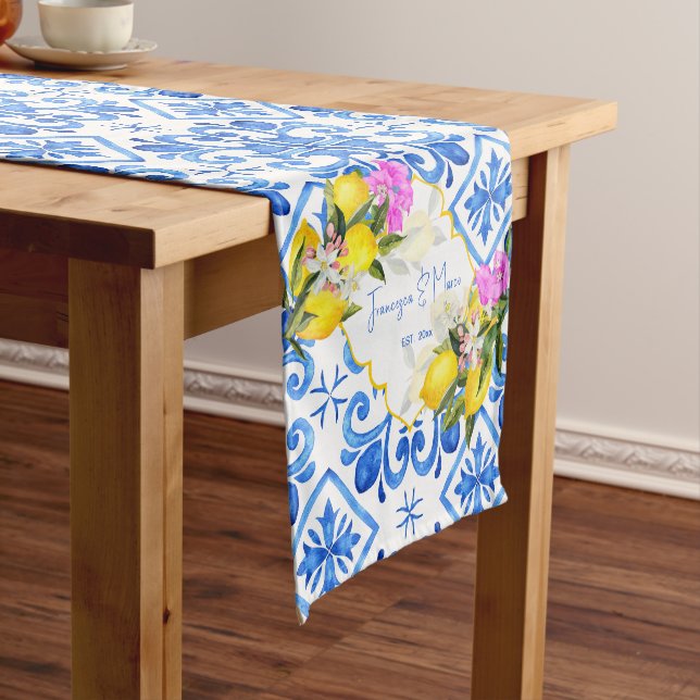 Blue tiles lemon Bougainvillea custom wedding gift Short Table Runner (In Situ)