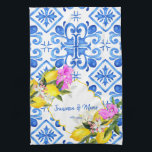 Blue tiles lemon Bougainvillea custom wedding gift Tea Towel<br><div class="desc">Blue tiles Bougainvillea  and lemon Amalfi Positano Mediterranean style custom wedding gift personalised name kitchen towel,  can be a gift for a wedding,  anniversary or any other occasion.</div>