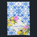 Blue tiles lemon Bougainvillea custom wedding gift Tea Towel<br><div class="desc">Blue tiles Bougainvillea  and lemon Amalfi Positano Mediterranean style custom wedding gift personalised name kitchen towel,  can be a gift for a wedding,  anniversary or any other occasion.</div>