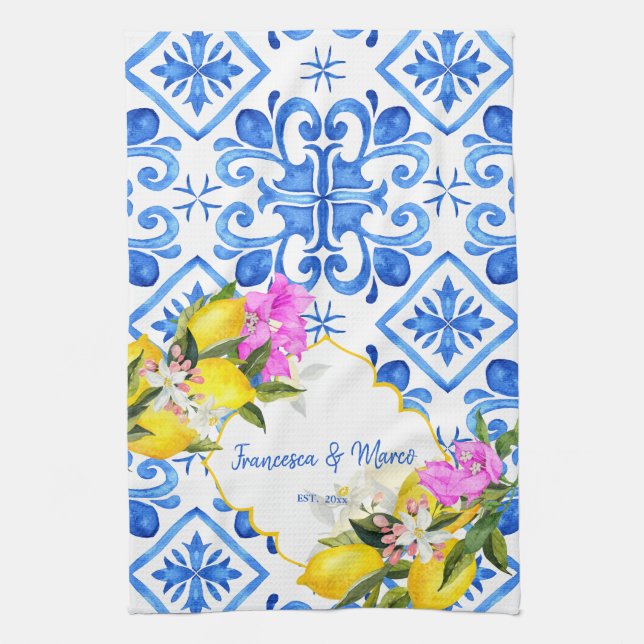 Blue tiles lemon Bougainvillea custom wedding gift Tea Towel (Vertical)