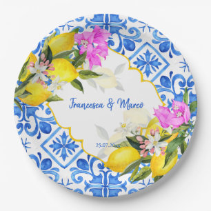 Blue tiles lemon Bougainvillea custom wedding Paper Plate