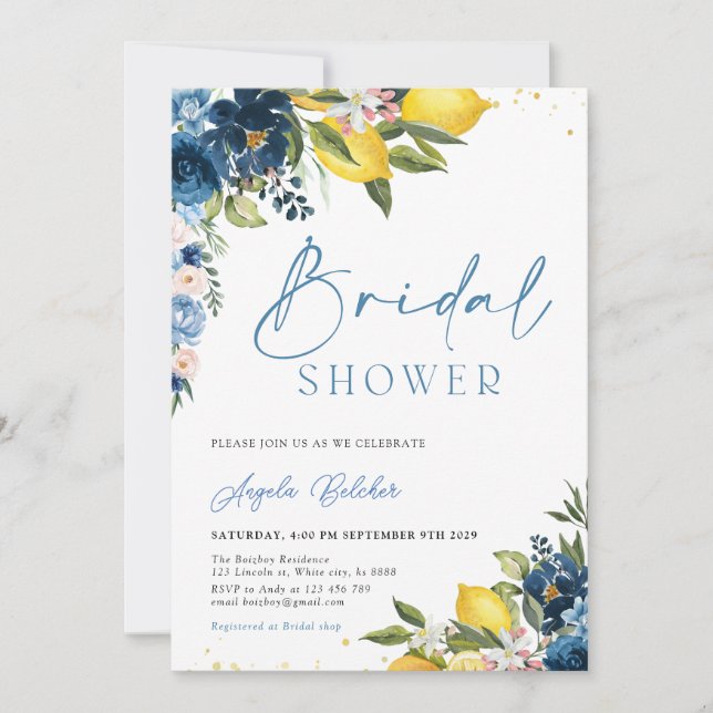 Blue Tiles Lemon Bridal Shower Invitation (Front)