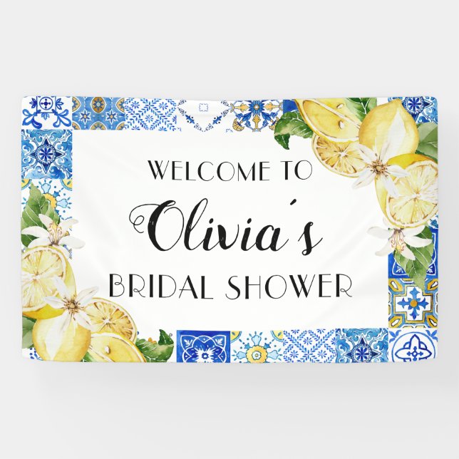 Blue Tiles Lemon Bridal Shower Welcome Banner (Horizontal)