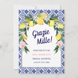 Blue Tiles Lemon Grazie Mille Bridal Shower Thank You Card