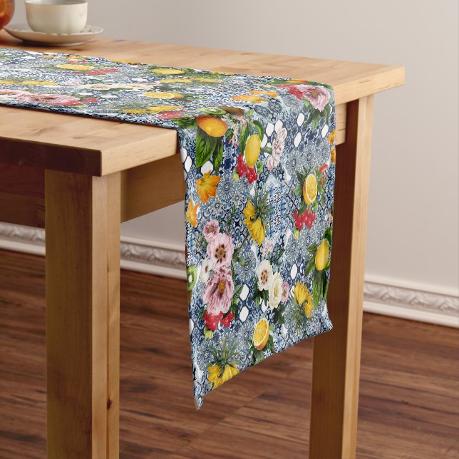 Blue tiles lemon Mediterranean Short Table Runner (In Situ)