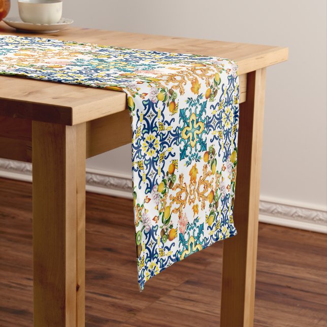 Blue tiles lemon Mediterranean Short Table Runner (In Situ)