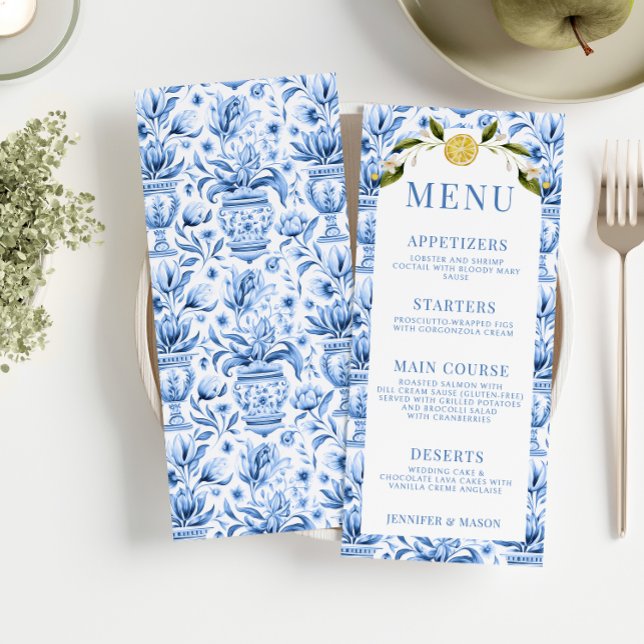 Blue tiles lemon porcelain wedding menu cards (Creator Uploaded)