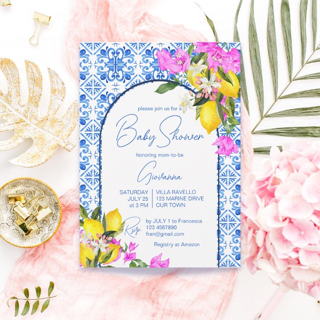 Blue Tiles Lemons Bougainvillea Mediterranean Invitation (Creator Uploaded)