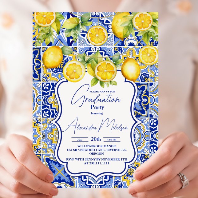 Blue tiles Lemons Graduation Invitation (Creator Uploaded)