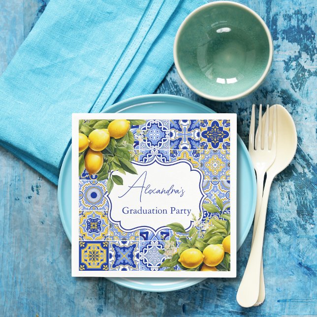 Blue tiles Lemons Graduation Napkin (Creator Uploaded)